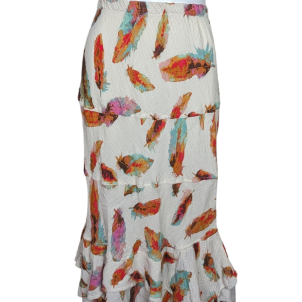 Ruffled layered long maxi skirt s small feathers